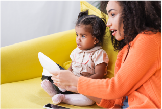 Woman reading to child sitting in her lap